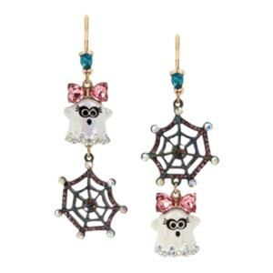 NIB Betsey Johnson Halloween Ghost & Spider Web Drop Mismatch Earrings